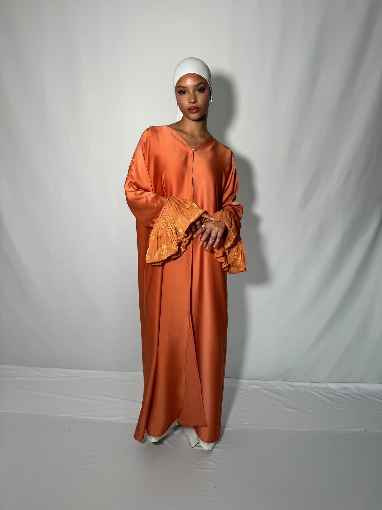 Abaya satiné manche bouffante orange